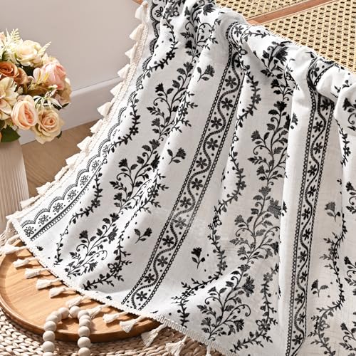 Image of Yinhua Boho Swag Valance Curtains Vintage Linen Valances for Windows Light Filtering Floral Kitchen Valance Rod Pocket Rustic Tassel Window Valances for Bathroom Cafe, 60 inch W x 36 inch L, White Black