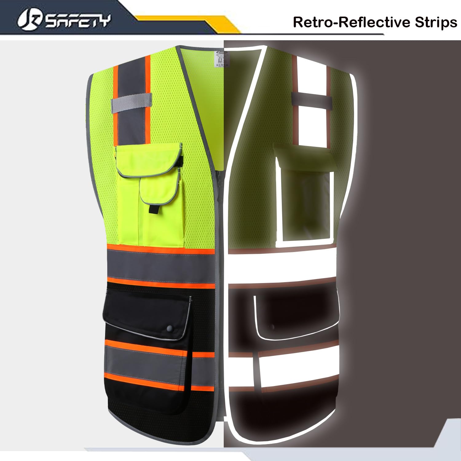 JKSafety Sicherheitsweste mit Reißverschluss vorne mit 9 Taschen, Klasse 2, mit reflektierenden Streifen, entspricht ANSI/ISEA-Standards.