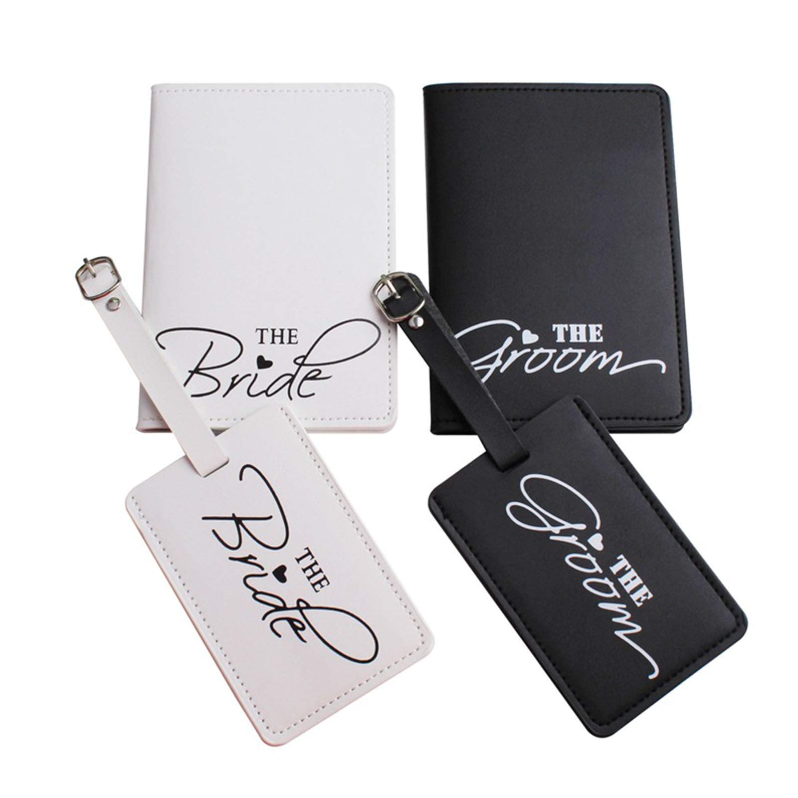 Cdhgsh Black+White 1Set Pu Leather Luggage Tag Bride Groom Passport Case For Couples Honeymoon Luggage Tag