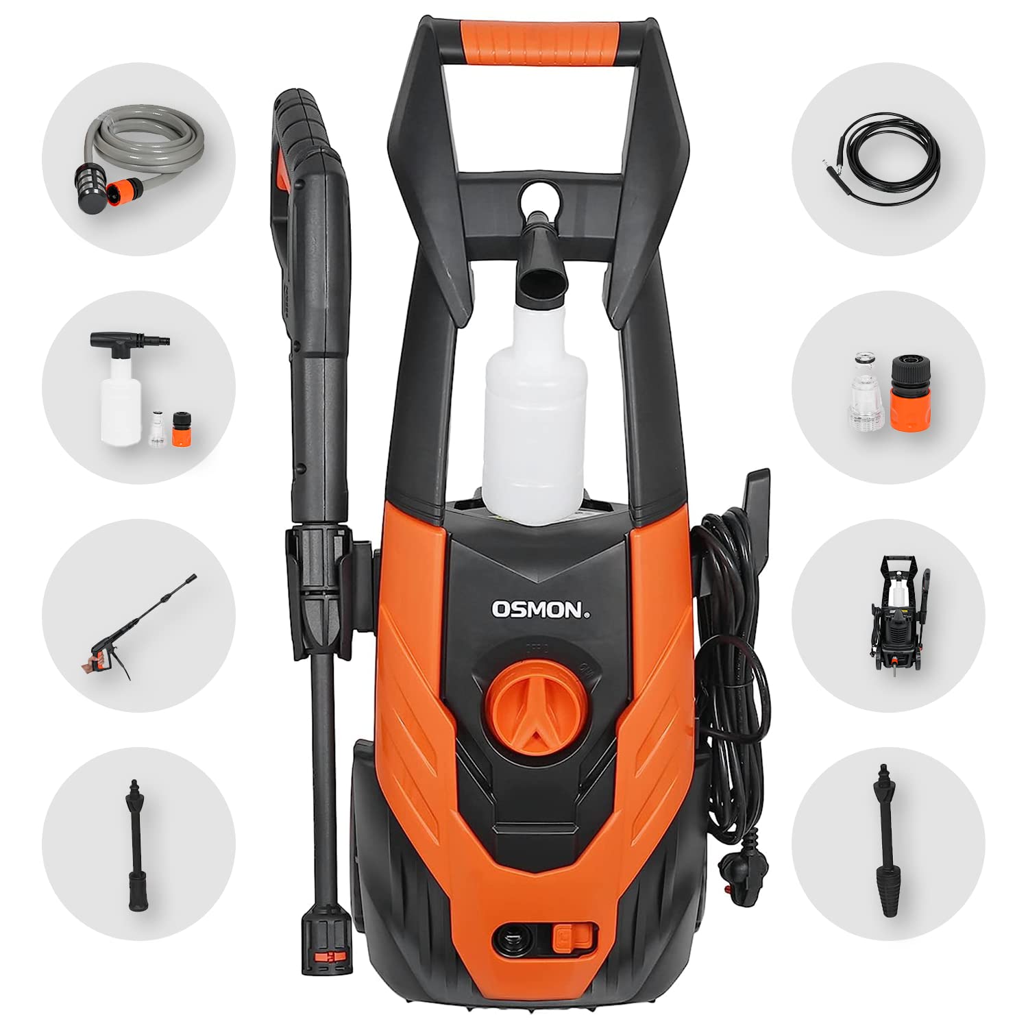 Osmon OS PW140 Pressure Washer | 1700W Universal Copper Motor, 140 Bar, 7L/Min Flow | 6M Hose & Spray Gun | for Home, Car, Bike, Office Cleaning | 1 Year Warranty | Orange