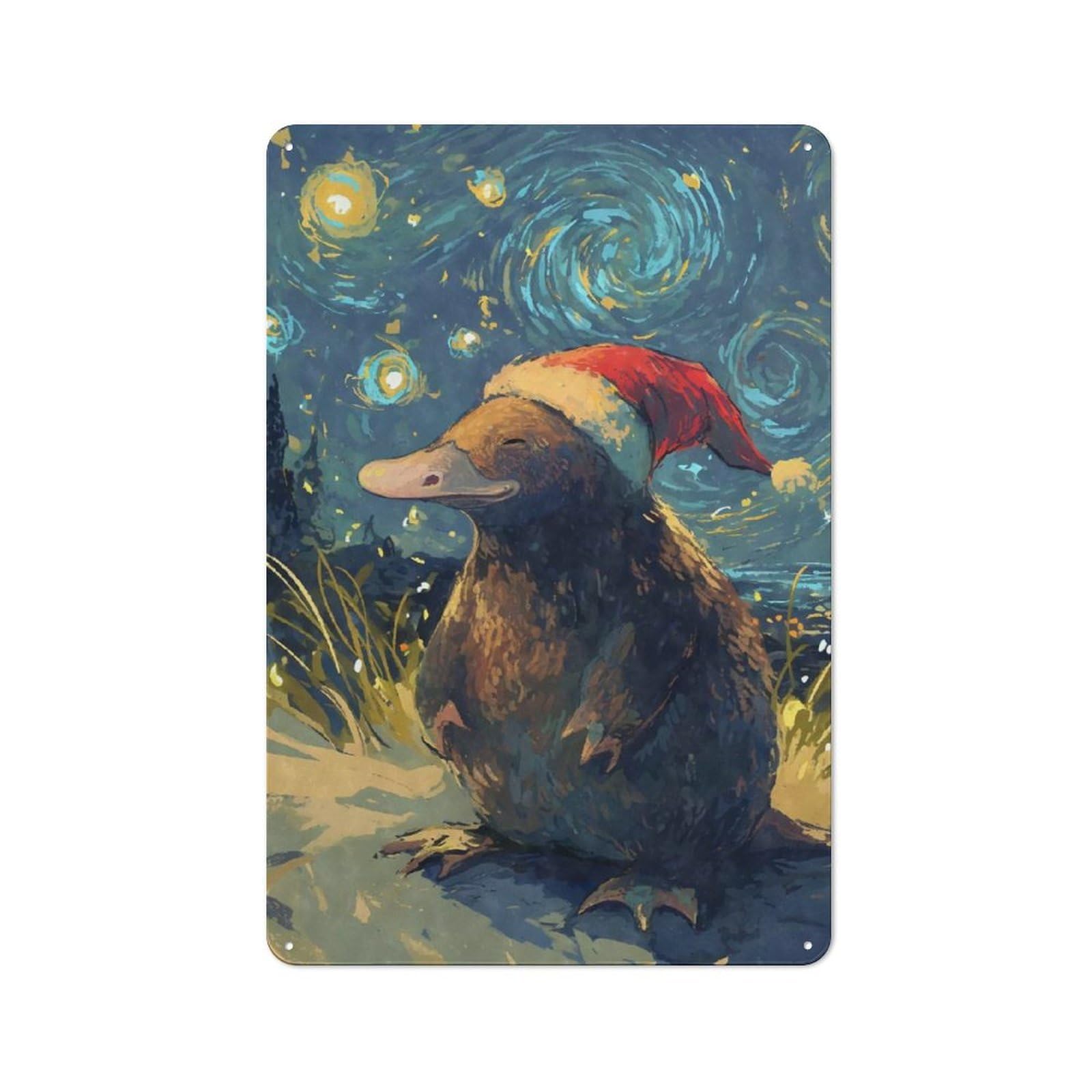 Junmoney Platypus In Santa Hat Retro Metal Wall Sign 30X20cm With For Café Or Home Bar, For Cooler-Season Styling In Café And Home Bar