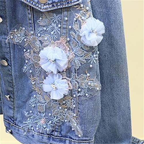 Straw Autumn Women Denim Jacket Embroidery Three-Dimensional Floral Jeans Jacket Beading Pearl Ripped Hole Bomber Outerwear (Color : Pink, Size : L Code) #TOP4