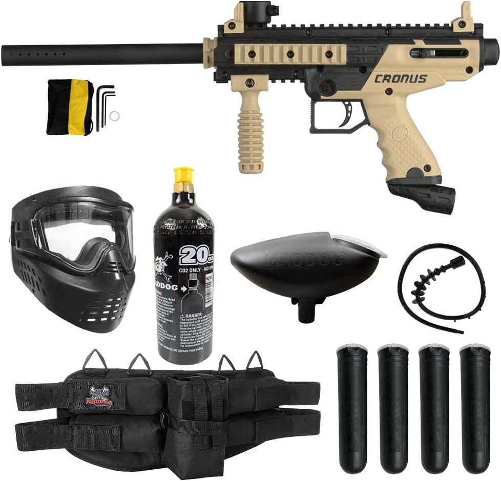 Maddog Tippmann Cronus Basic Paintball Gun Marker and Accessory Starter Packages [CO2] | Marker, 20oz CO2 Tank, Mask, Hopper, Pods, Harness & Protective Gear Options