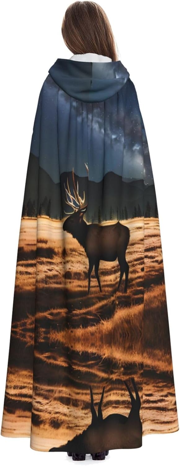 Elk in The Meadow Halloween Adult Hooded Cape, Hooded Robe Cape, Women's Men's Halloween Dress Up Party Cosplay Costumes. Black