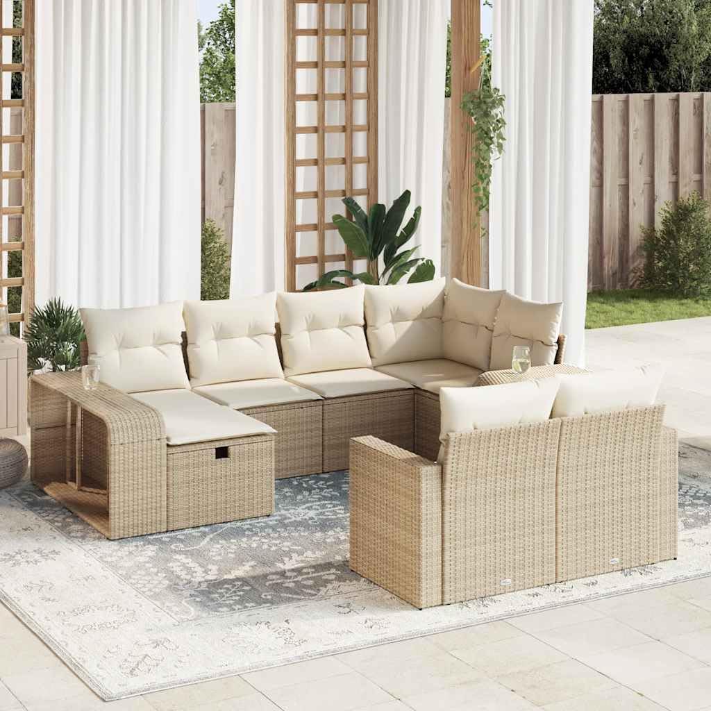 Juego de sofá modular de ratán sintético para jardín con espacio de almacenamiento y fundas de almohada extraíbles, 10 piezas, color beige