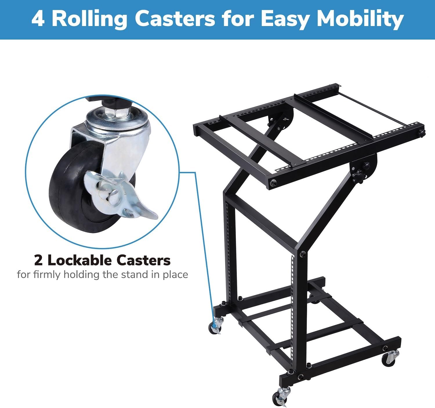 9U/12U/16U DJ Mixer Stand Rack Mount Mixer Case Pro Audio Recording Cabinet DJ Gear Storage Case Rolling Stage Cart Holder for Office Home Stage or Studio Music Show (Black with adjustment beam, 9U)