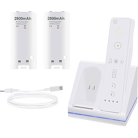 Wii Remote Charger, 2 in 1 Charging Station Charger Dock with 2 Pack 2800mAh Rechargeable Battery Fit for Wii/Wii U Remote Controller