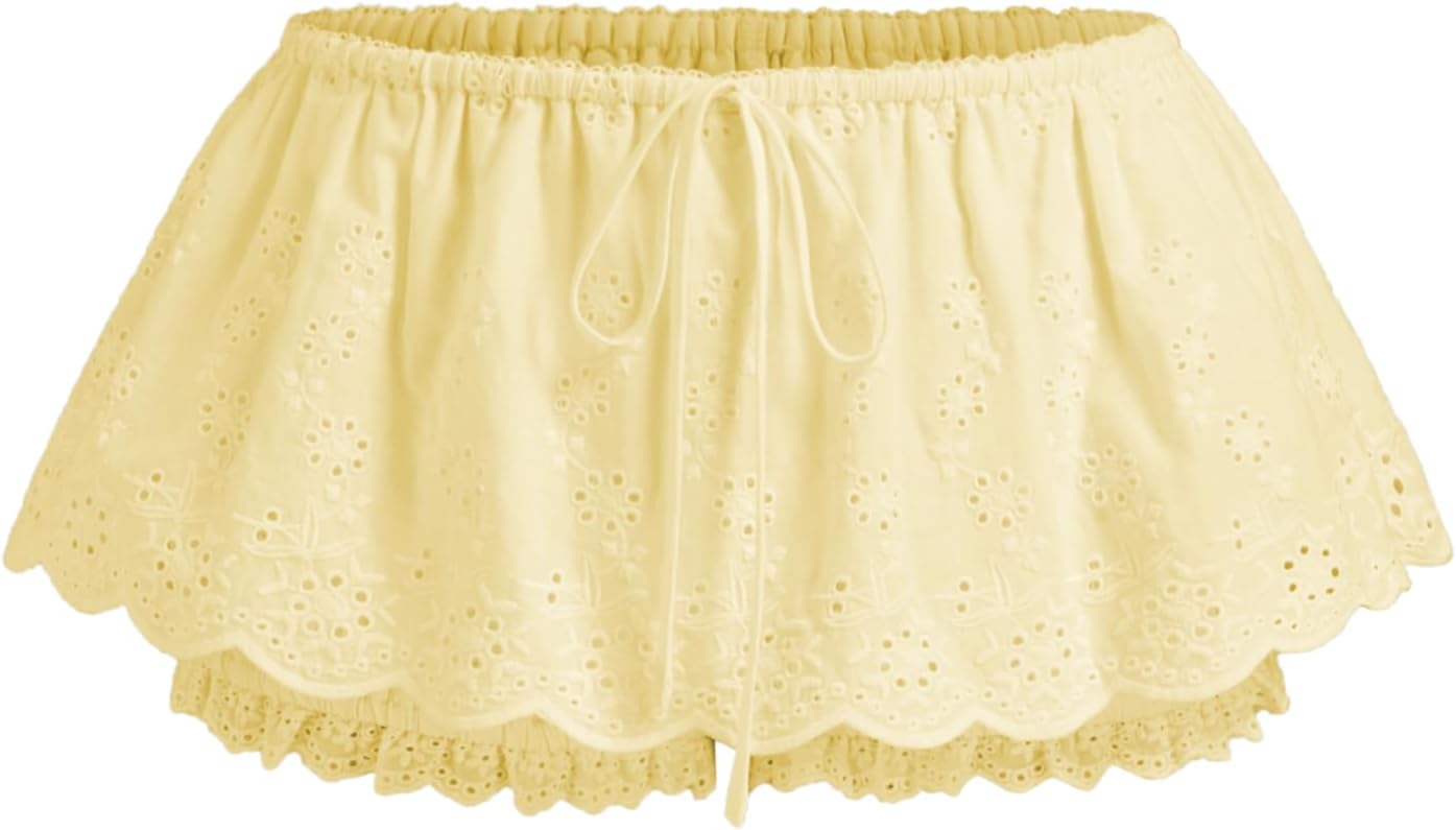CIDER Skort Mini Skirt Bubble Hem Low Waist Broderie Anglaise Cotton Floral Short Skirt Women's Skort Light Yellow