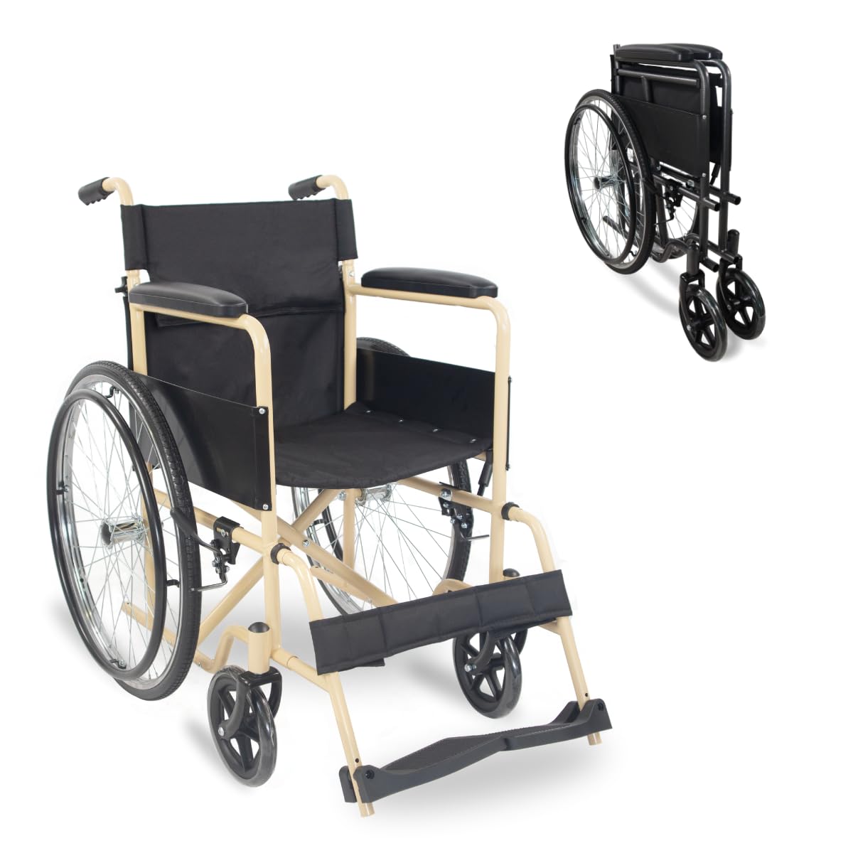 Mobiclinic®, Wózek inwalidzki składany, Denver, Siedzisko 46 cm, Hamulec ręczny, Zdejmowane oparcie, Składany podnóżek, Odporny, Dla niepełnosprawnych, Kremowo-czarny