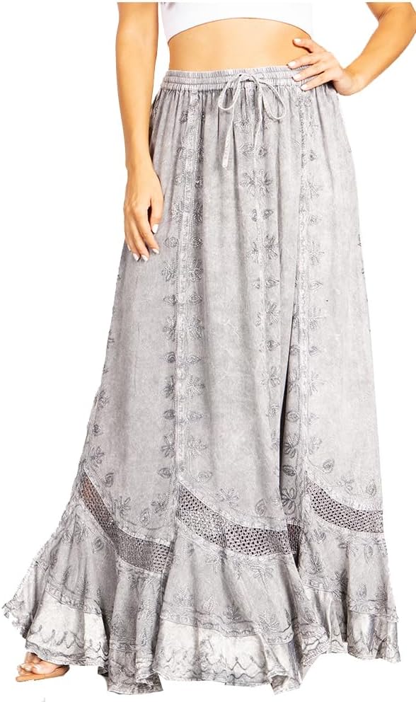 Sakkas Ivy Second Women's Maxi Boho Elastic Waist Embroidered A Line Long Skirt