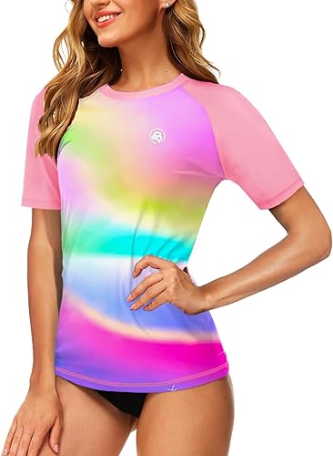 AOBUTE Camisetas de natación de manga corta para mujer con protección solar degradada