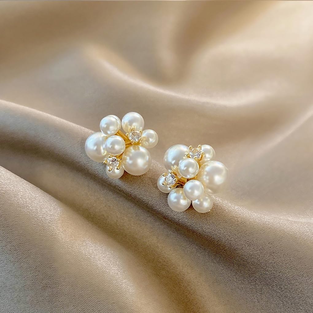 Chunky Crystal Big Pearl Earrings,Large Cubic Zirconia Pearl Earrings for Women,Big Cluster Bead Bridal Earrings Wedding Jewelry - Image 8