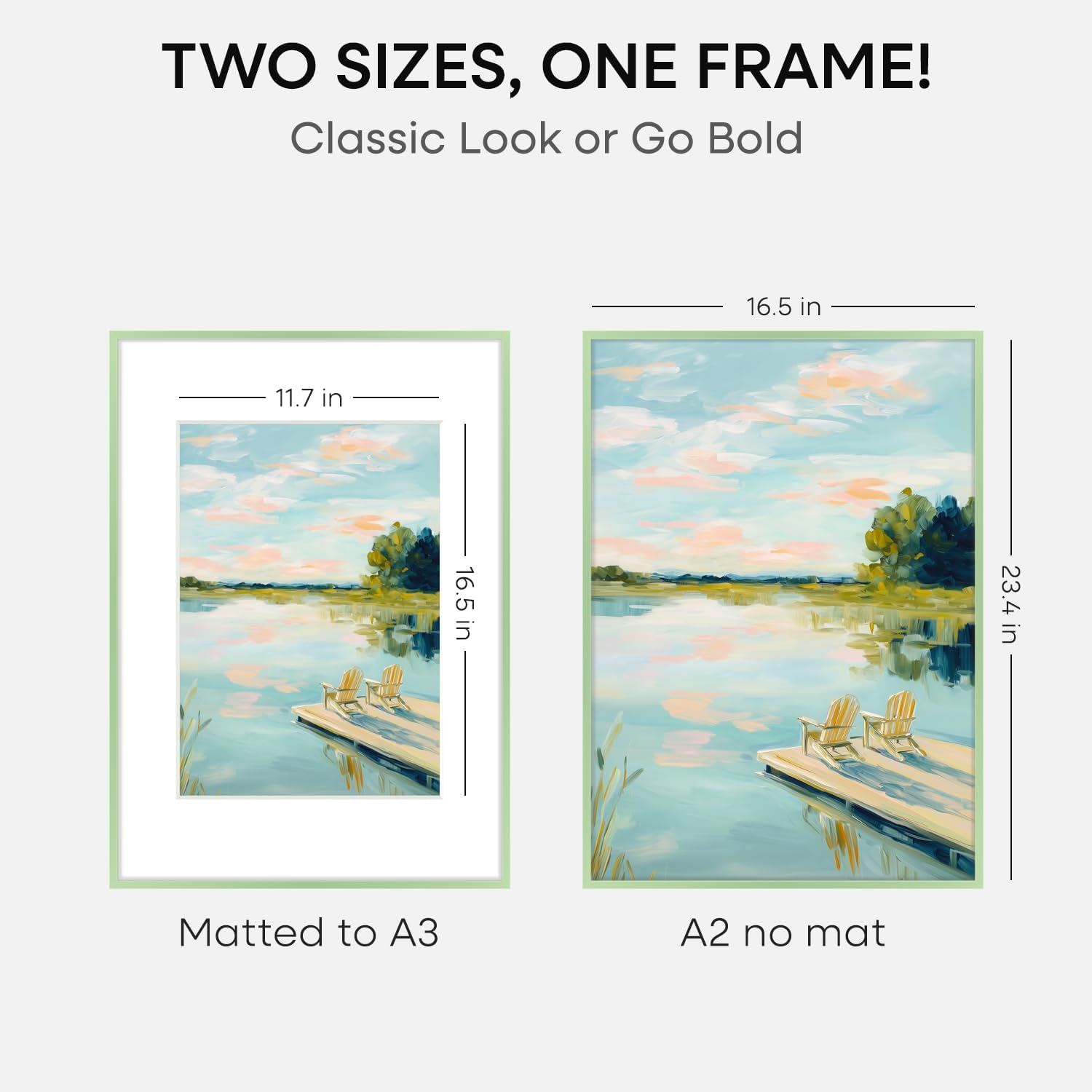Homeforia A2 Poster Frame Sage Green, High End Metal A2 Picture Frame Sage Green with Mat A3 for Print, 16.5x23.4 Frame Matted to 11.7x16.5 Photo, 16.5 x 23.5 Frame, Tempered Glass, Wall Kit, Set of 1
