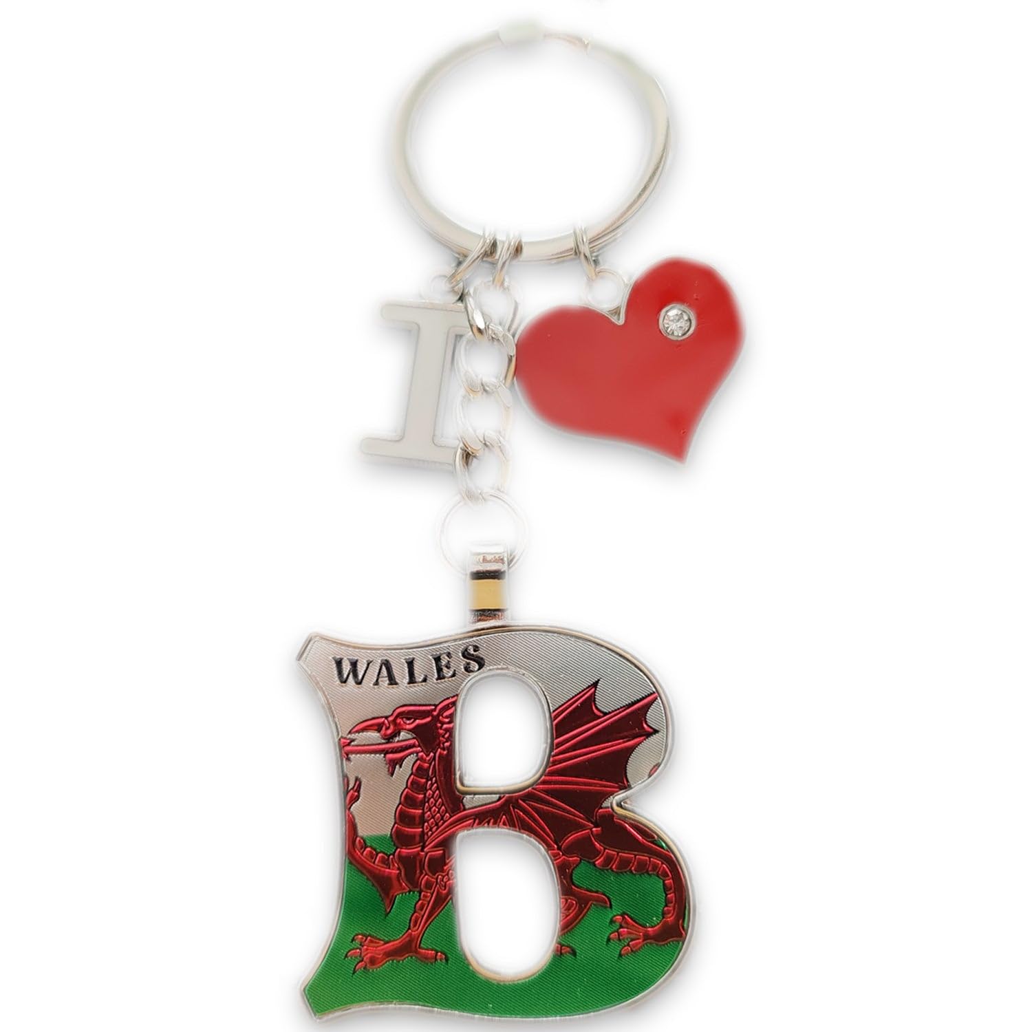 Manav Unisex Silver Welsh Souvenir Alphabet Keyrings Wales Dragon Flag Red Heart Cymru (B)