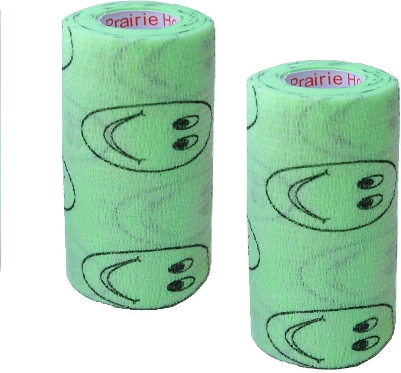 Bandagem Autoadesiva para Cavalos e Pets Prairie Horse Supply Verde com Sorrisos, 10,16 cm x 4,57 m, Pacote com 2