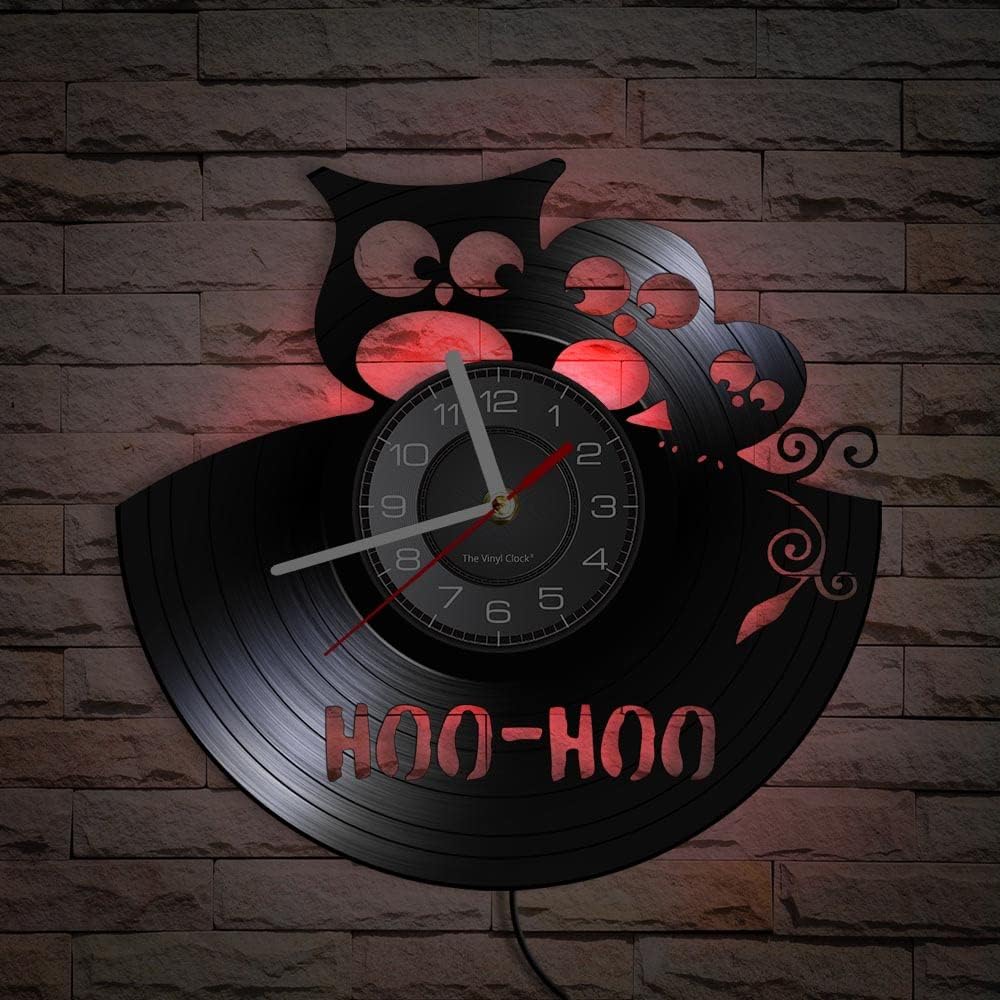 12'' Hoo Hoo Baby Owl LED Vinyl Record Wall Clock with 7 Colors Changing, Kid Room Nursery Decorative Animal Wall Decor Night Light Silent Quartz Non-ticking Wall Clock Watch Owl Lovers Gift