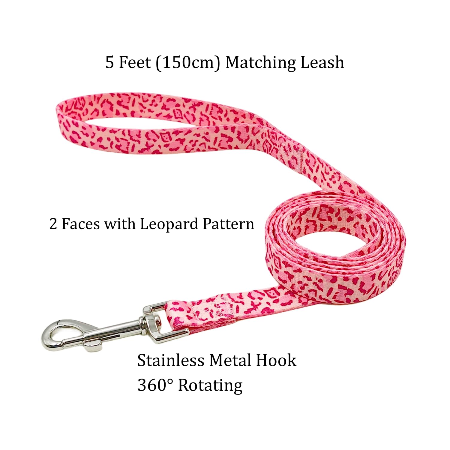 Olahibi Dog Collar and Leash Combo Set, Leopard Pattern, Polyester Material, 150CM Matching Leash, for Small Dogs.(S, Pink Leopard) - Image 3