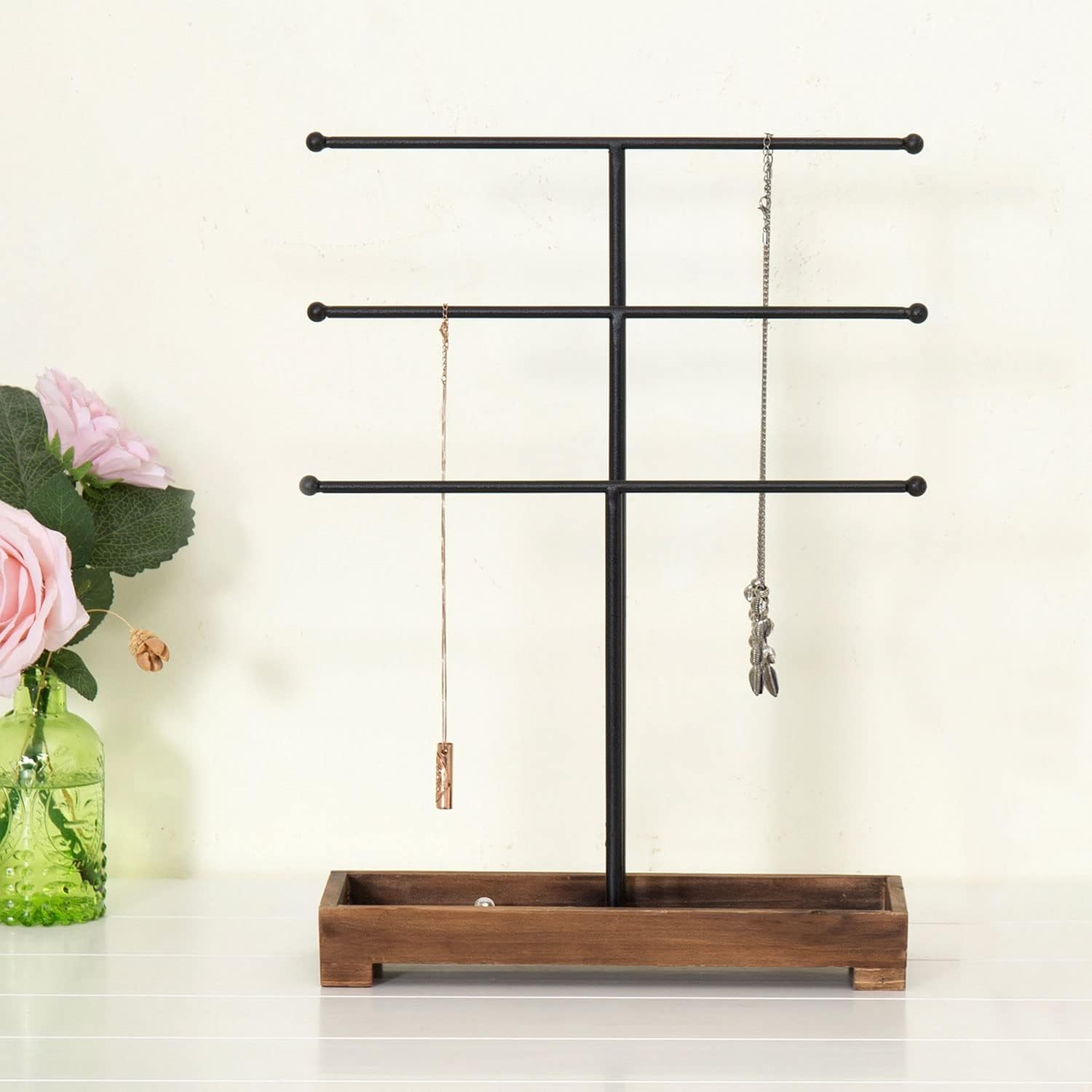 MyGift 3-Tier Black Metal T-Bar Jewelry Organizer Stand, Necklace and Bracelet Hanging Display with Brown Wood Ring Tray - Image 2