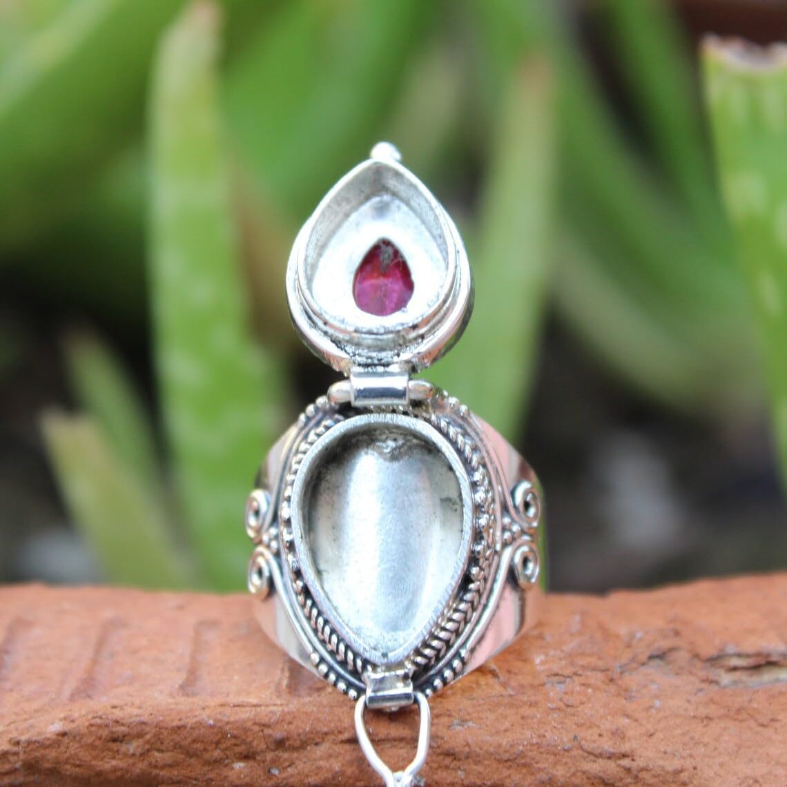 Ruby Ring, Poison Box Ring, Red Stone Ring, Raw Ruby Ring, Pear Stone Ring, Locket Ring, Poison Pill Box, Designer Box Ring, Bohemian Jewelry, Secret Message Ring, Created Ruby Jewelry