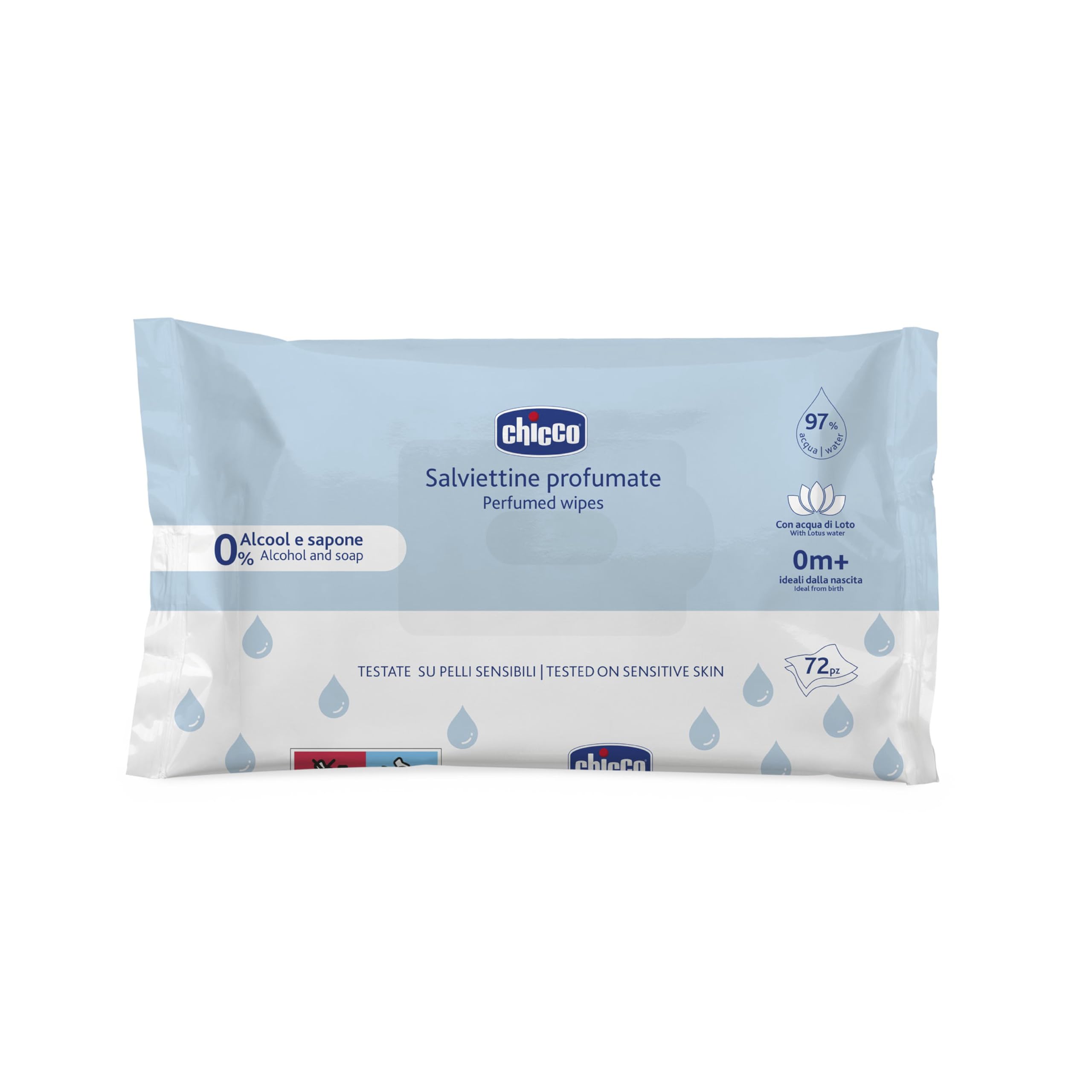 Chicco Sensitive Baby Wipes, Scented, Free From Alcohol, Soap & Plastic, Dermatologically Tested On Sensitive Skin, 97% Water Based, Suitable from Birth (Pack of 72), 00012050100000