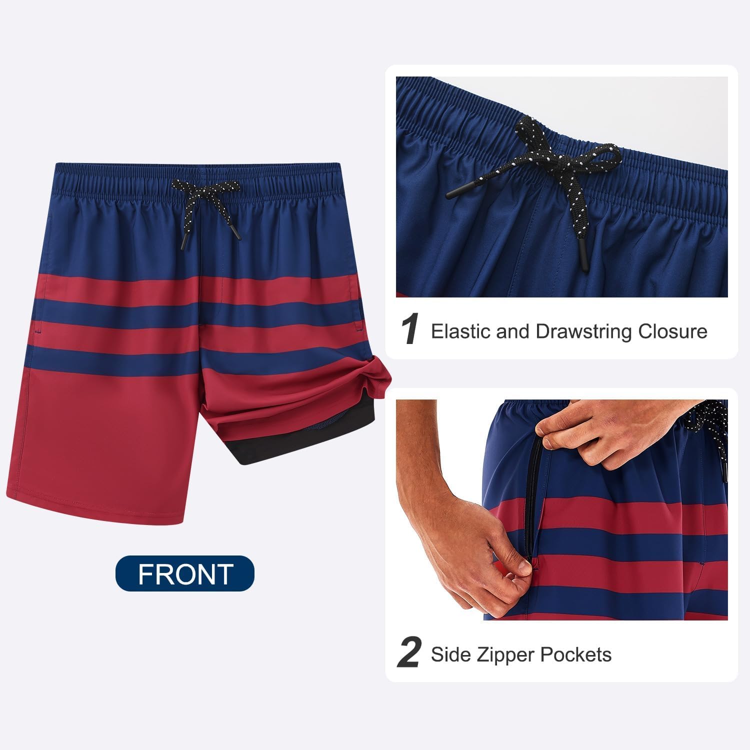 HODOSPORTS Mens 7" Swim Trunks with Compression Liner S-6XL Quick Dry Swimming Shorts Zipper Pockets Swimsuits