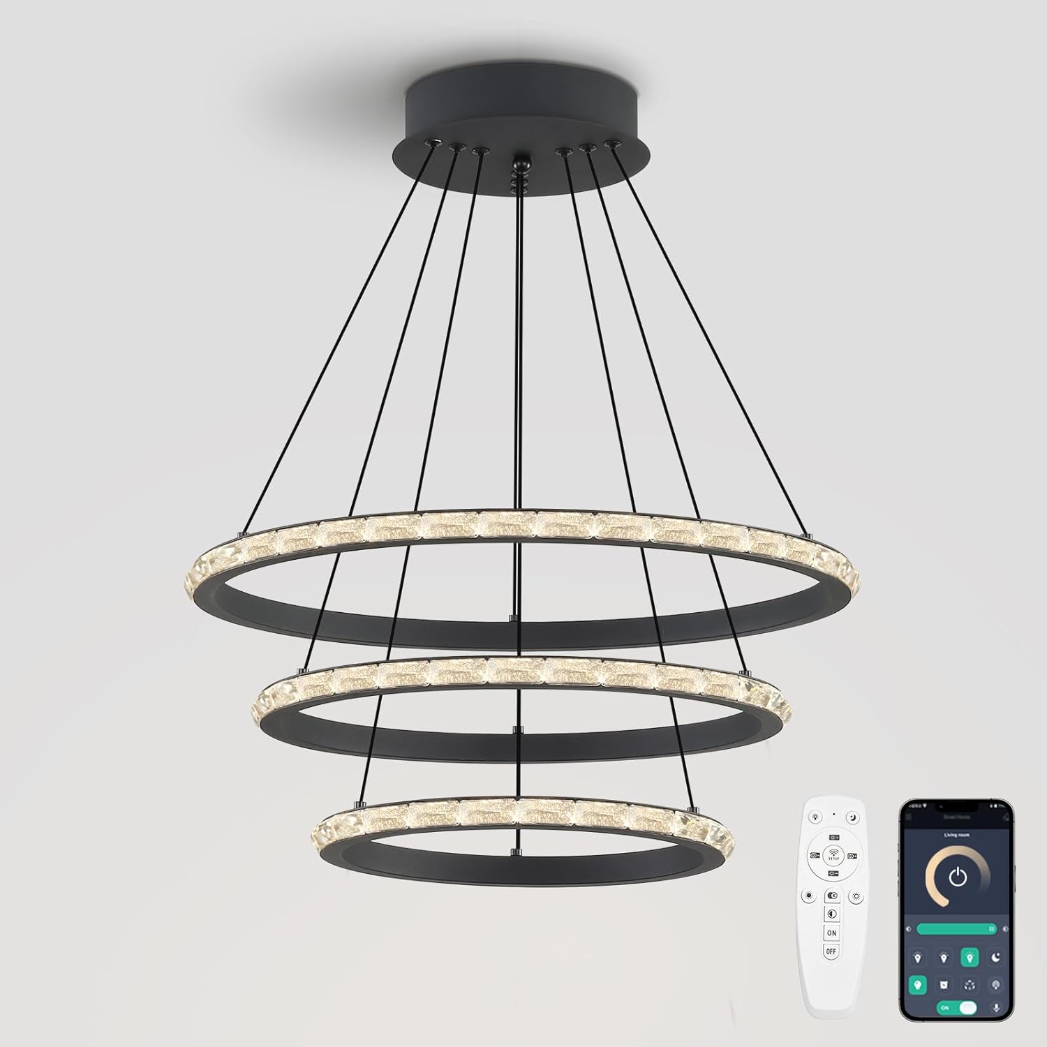Modern 3-Ring Crystal Ring Chandelier, 56W Dimmable LED Pendant Light with Remote, Adjustable Multi-Shape Ceiling Fixture for Living Room Dining Room Staircase, Black