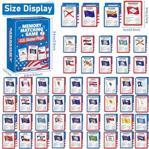 Image of gisgfim 100 PCS Memory Matching Game Flags of U.S. States Concentration Memory Card Educational Cards Games Geography Learn States Capitals Game Gift for Kid Adults Learning Activities Matching Games