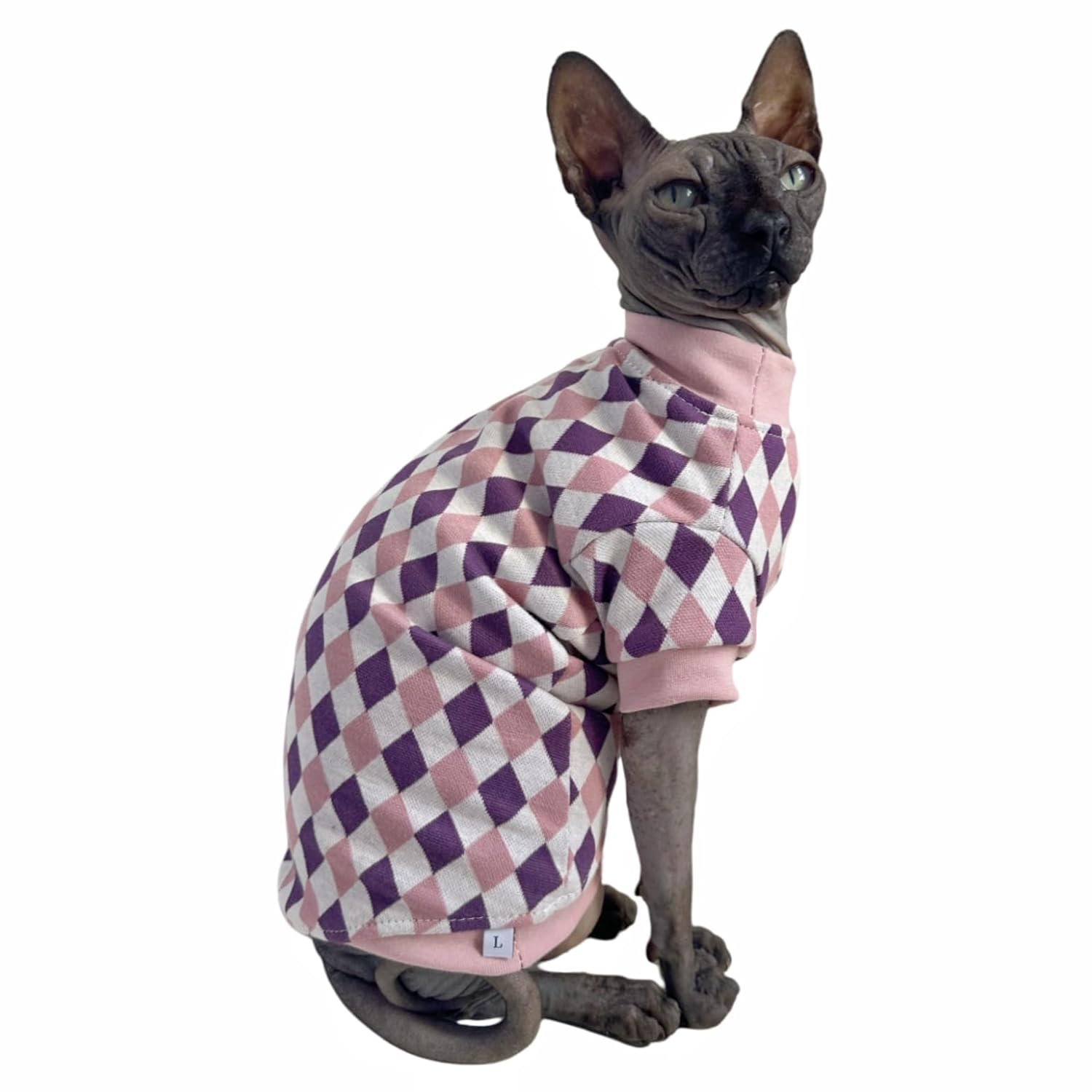 Vintage Mulan Cotton Sphynx Hairless Cats Shirt Cat Turtleneck Pet Clothes Kitten T-Shirts with Sleeves for Sphynx Cornish Rex, Devon Rex, Peterbald (Rhombus Pink, X-Large)