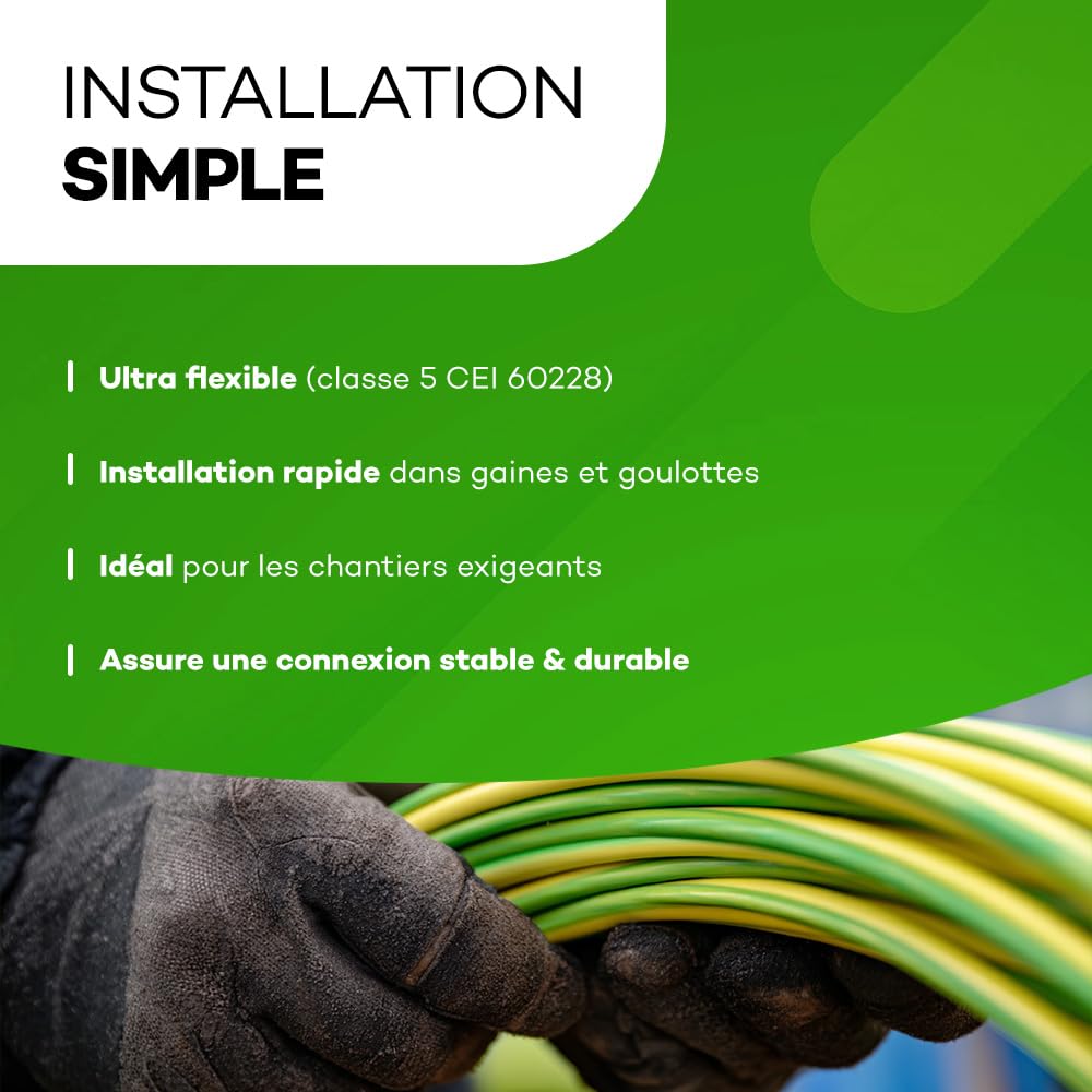 Câble de terre 6mm² - H07V-K Vert/Jaune - Longueur 25m - Souple & Robuste - Spécial Photovoltaïque, Mise à la Terre & Usage Intensif - Résistant Eau, Flammes & Produits Chimiques