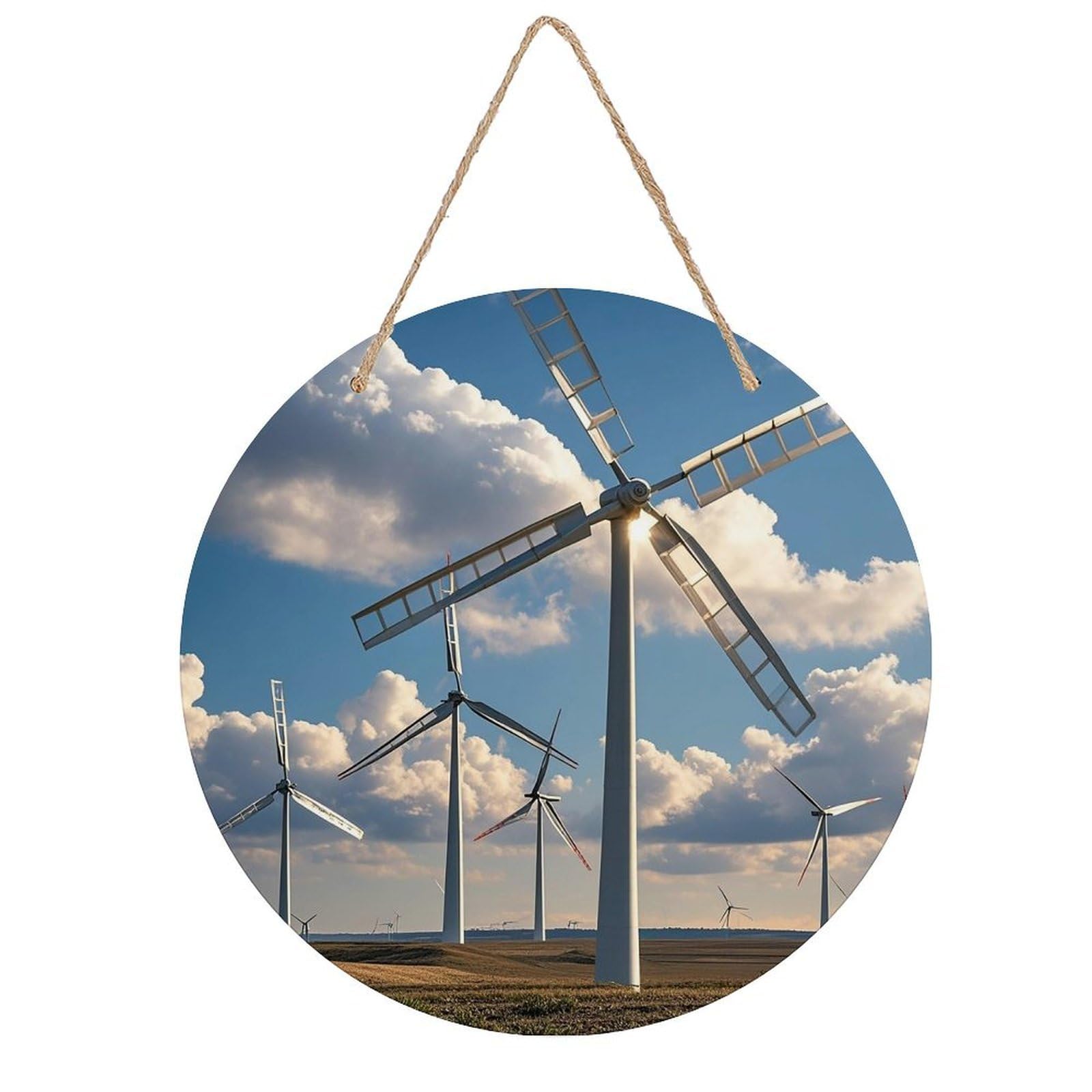 FekiLoot Round Windmills Wall Art Decor Painting Wooden Hanging Sign with Ropes Bohemian Wall Hanging Retro Mid Century Modern Wall Art for Home Bedroom Living Room 7.9x7.9 in
