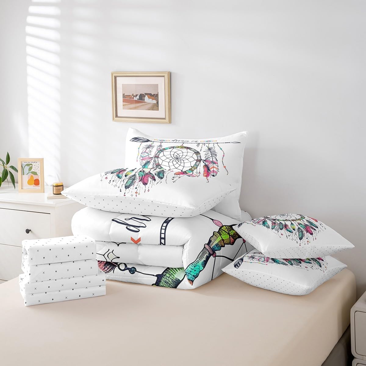 Feelyou Dreamcatcher Comforter Set Queen Size 7 Pieces Boho Dream Catcher Bed in a Bag for Kids Girls Bohemian Arrow Aztec Bedding Set Bed Set with Comforter, Sheet Set, Pillowcases, Pillow Covers