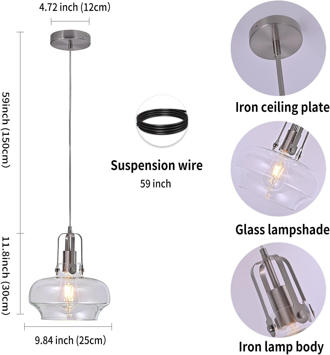 Brushed Nickel Pendant Light for Kitchen Island, Modern Clear Glass Hanging Light Fixture, Industrial Farmhouse Mini Pendant Lighting for Kitchen Sink, Dining Room, Bar, E26 Base