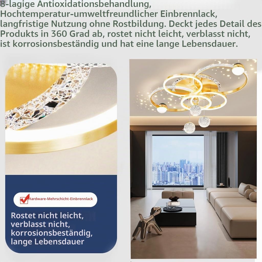 Deckenleuchte Moderne Dachlampe LED Kristall Wohnzimmer Kronleuchter 110cm Kreative Fünf-Ring Fernbedienung Unlimited Dimmer Für Villa Schlafzimmer Und Restaurant Beleuchtung