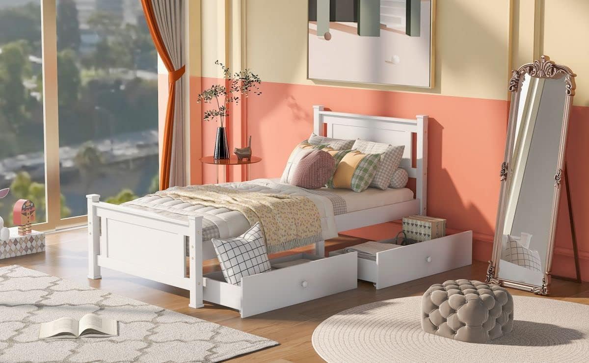 Buy Single Bed Storage Wooden Bed Frame with Two Drawers, Headboard and