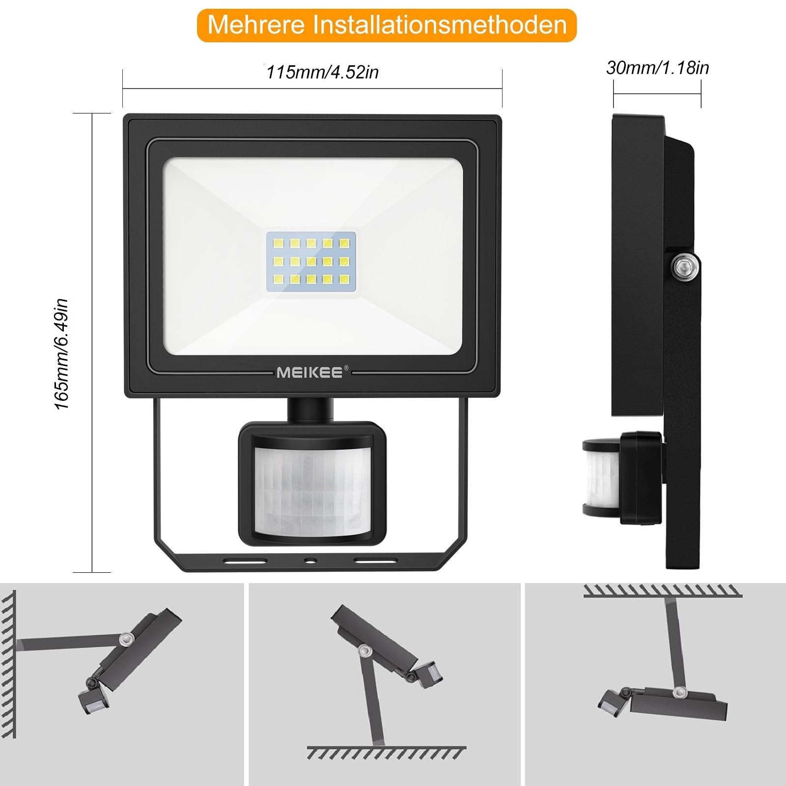 MEIKEE reflektor led z czujnikiem ruchu 15 W, 150lm-1200 lm, 6500 K, zimna biel, 3 tryby, 10 poziomów jasności, oświetlenie punktowe led Z pilotem, IP66 wodoodporny, reflektor do ogrodu garaż boisko