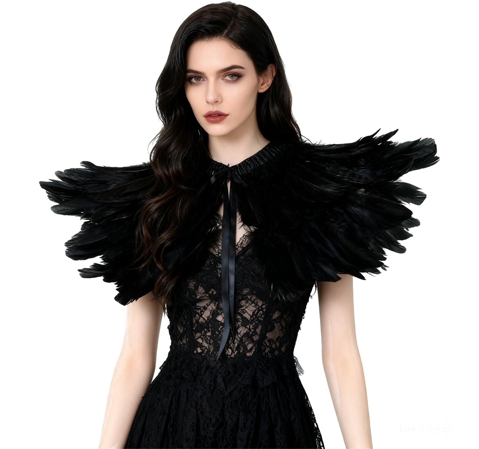 Gothic Feather Shrug Scarf Poncho Halloween Party Costume Epaulettes Bow Tie Collar-image-32