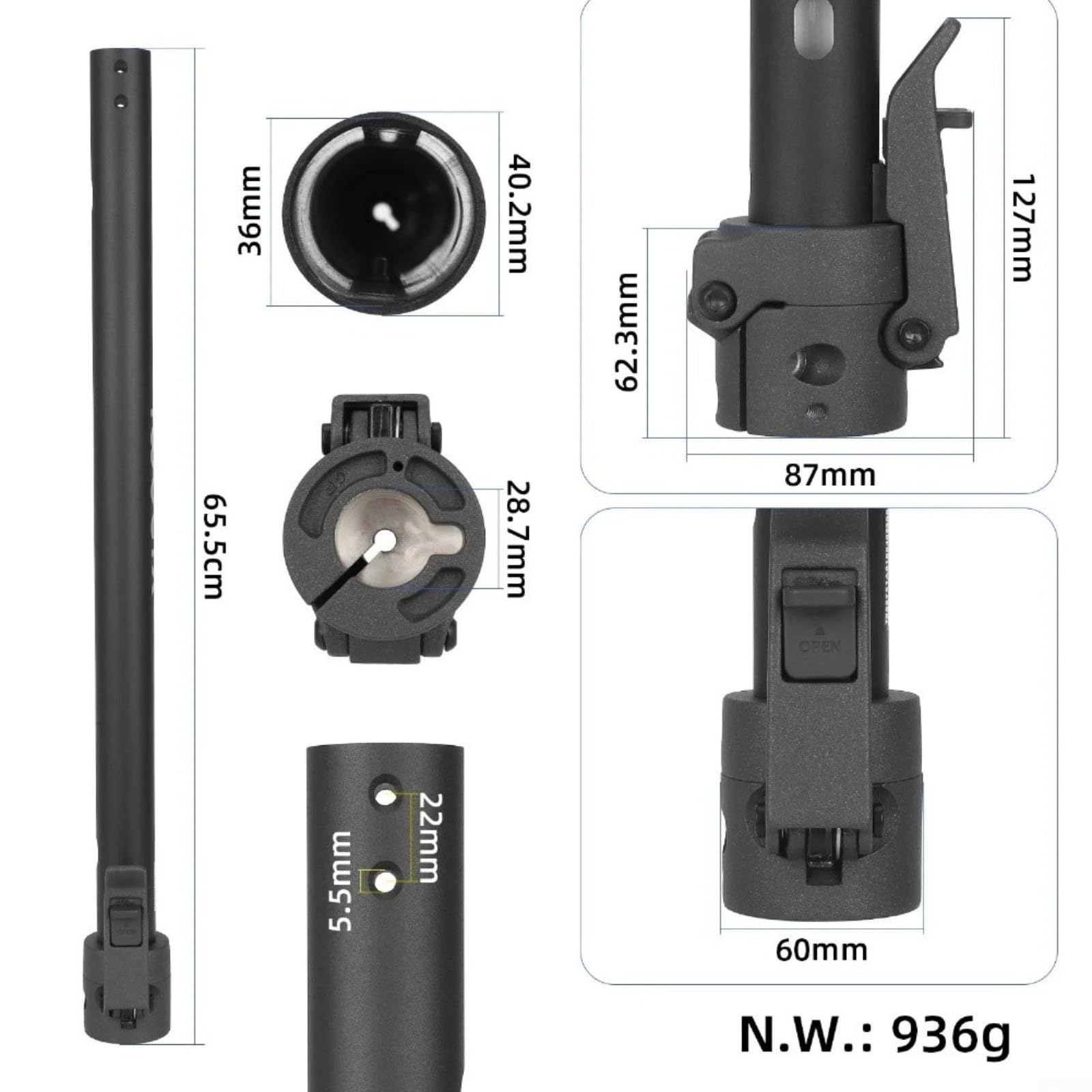 Potence pliable et base pour trottinette électrique Xiaomi 5 - Tube vertical - Tige de support en alliage d'aluminium - Kit de matériel - Noir