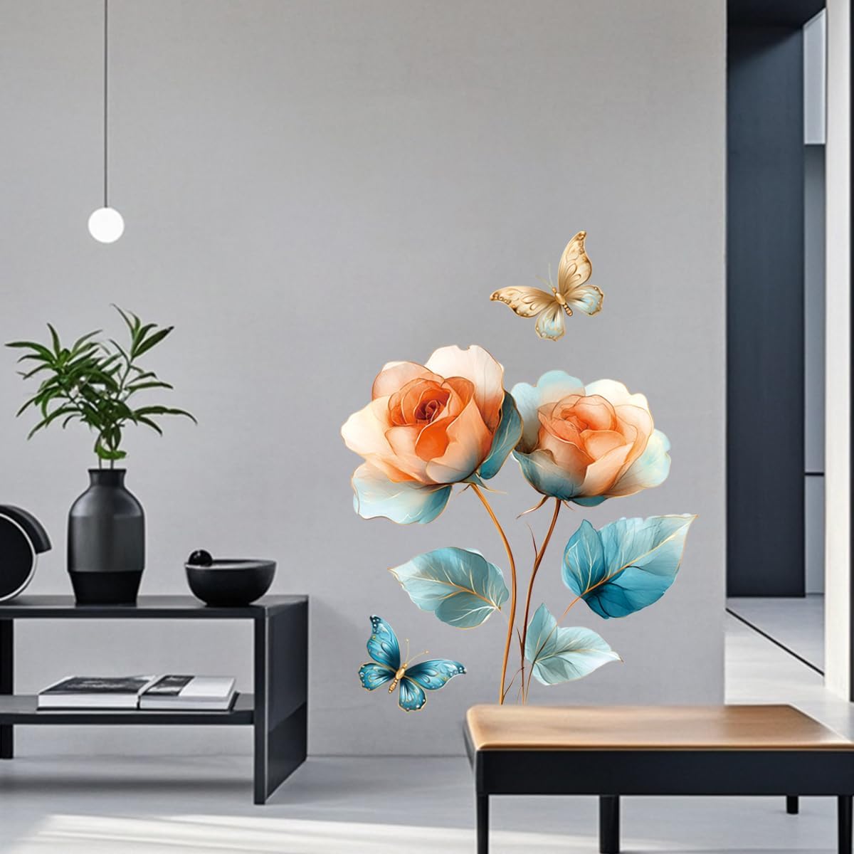 Dreamy Colorful Flower Wall Decal Yellow Blue Blossoms Peel and Stick Wall Art Removable PVC Wall Sticker for Bedroom Nursery Living Room Home Decor