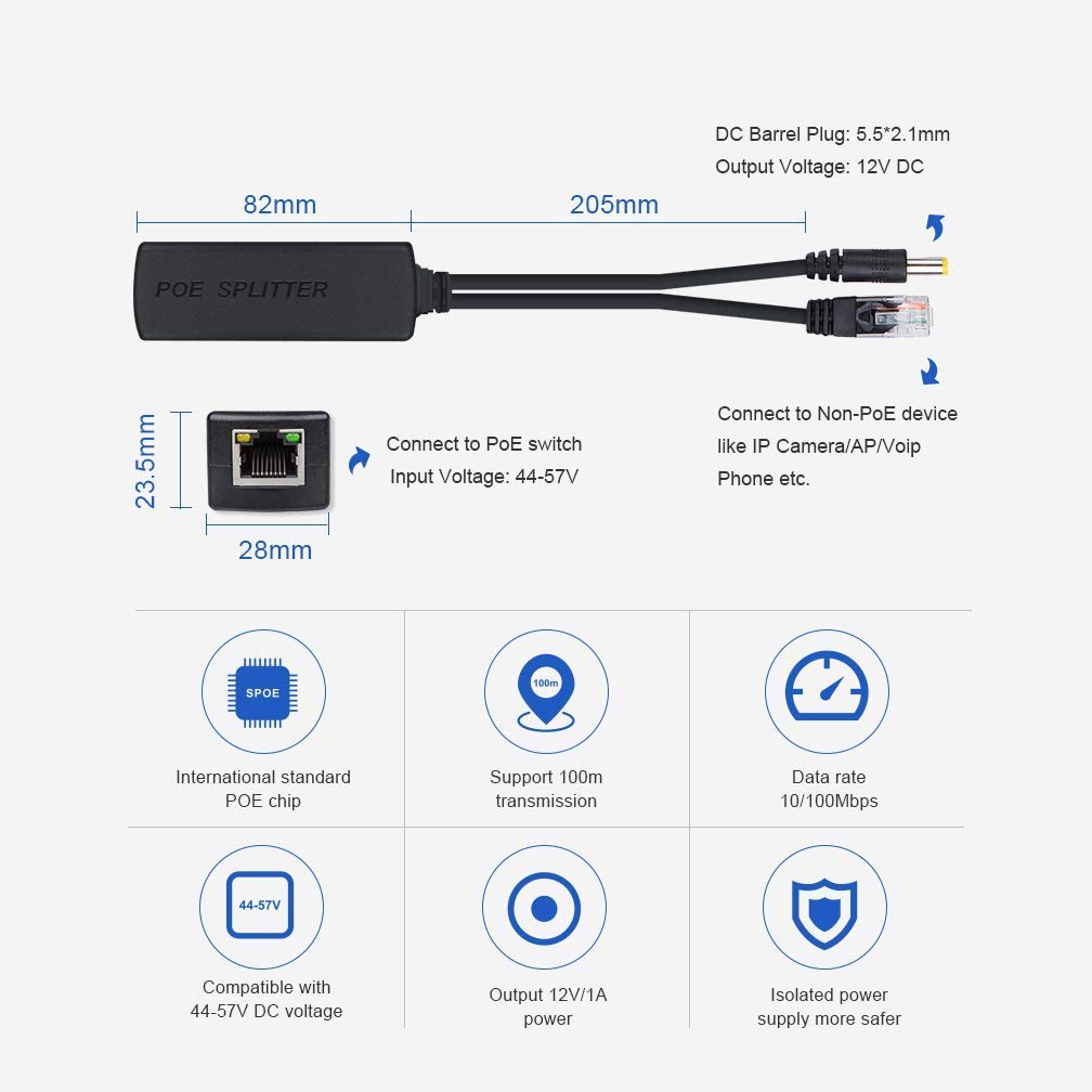 10Gtek [2 Pack] Active Poe Splitter Adattatore, 48V to 12V, IEEE 802.3af Compliant 10/100Mbps up to 100 Meters for Surveillance Camera, Wireless Access Point And VoIP Phone