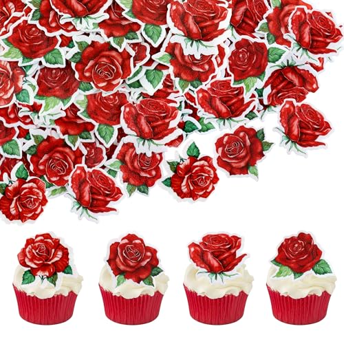 40 PCS Edible rose Cupcake Toppers Wafer Paper Red Rose