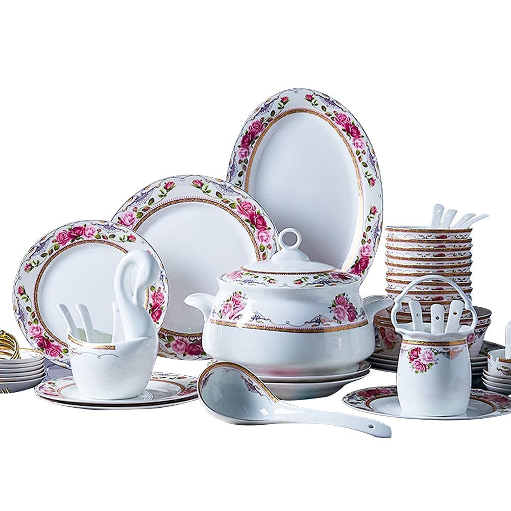 Geschirrset „Blumen“ Aus Knochenporzellan, Porzellangeschirr-Set (Teller/Schüsseln), Keramik-Essgeschirr-Sets, Feines Geschirr-Sets, Spülmaschinen- Und Mikrowellengeeignet, Mehrfarbig, 56-Teiliges Se