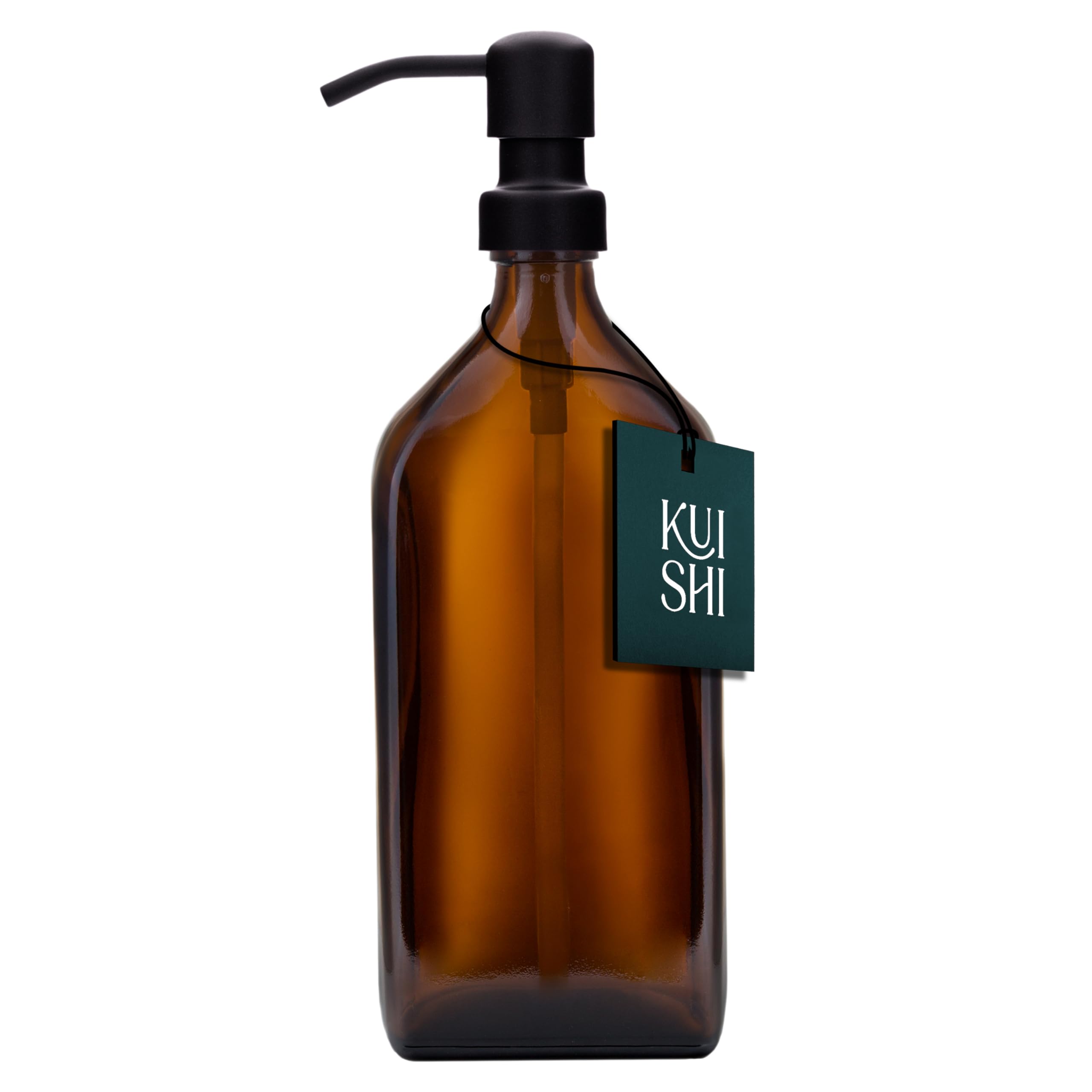 Kuishi Black Rectangle Glass Soap Dispenser With Stainless Steel Pump – 500Ml Refillable Bpa-Free Hand Soap Dispenser For Kitchen & Bathroom, Amber
