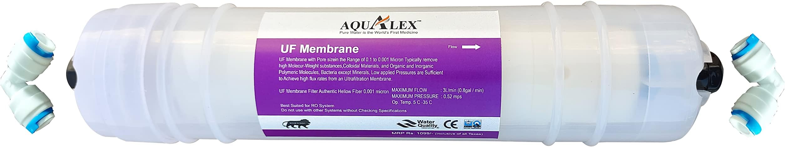 Aqualex, Pokar RO UF Membrane Filter Original Hollow Fiber 12 inch 0.1 Micron Suitable of All Branded RO Water Purifier + 2pcs Elbow