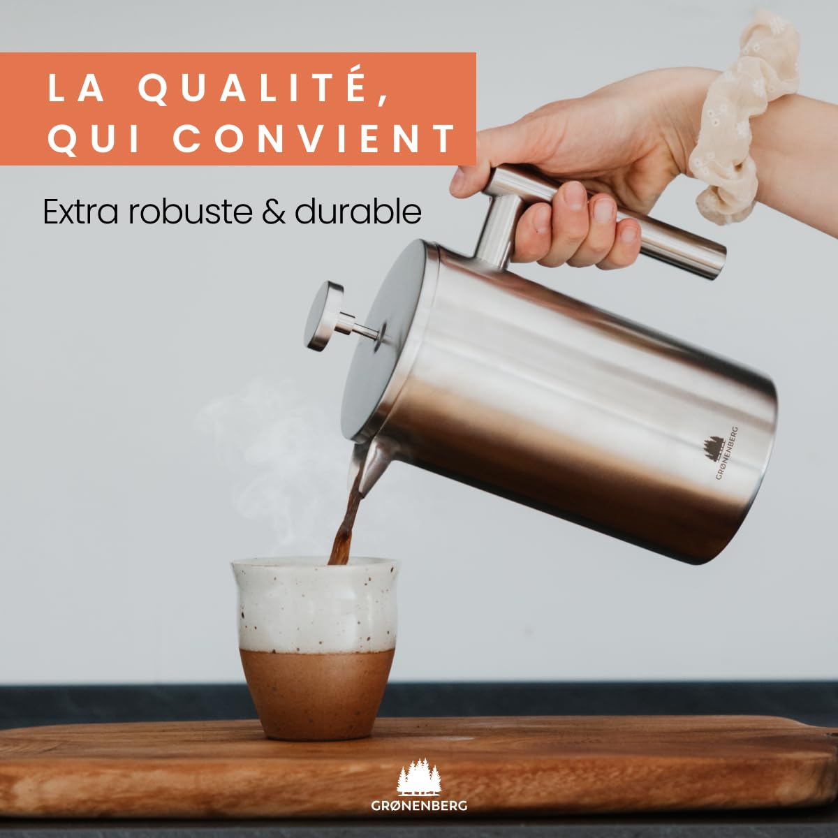 Groenenberg Cafetière à Piston | French Press avec filtres de rechange | 0,6 litre (3 tasses) | Cafetière a Piston en acier (inox)