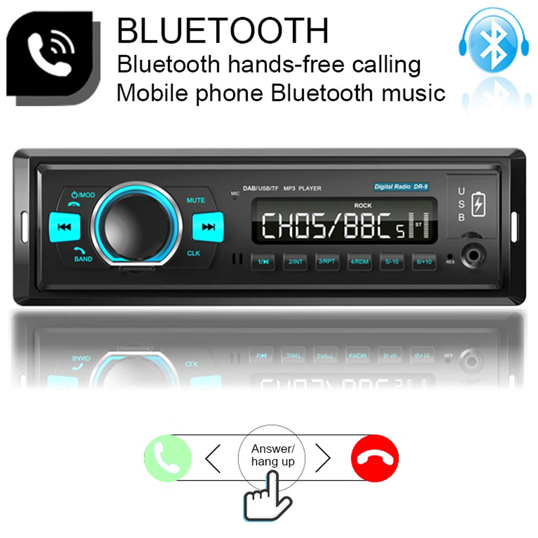 Autoradio Bluetooth 1 Din stéréo Lecteur MP3 Antenne Dab + intégrée avec Double USB AUX FM AM Récepteur Radio Prise en Charge du téléphone U Disk Charge dans l'unité de tête de Tableau de Bord