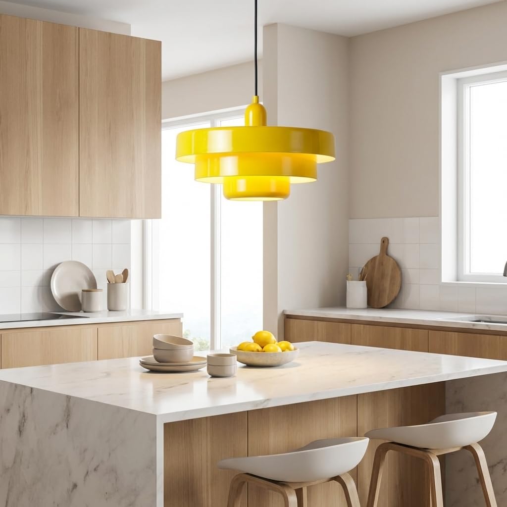 BARCELONA LED Pendelleuchte MACARRON Gelb 3-stufig, Metall Eisen, Bauhaus Minimalistisch, Indirekte Blendfreie Beleuchtung, Klassisch Vintage Modern & Zeitloser Luxus E27