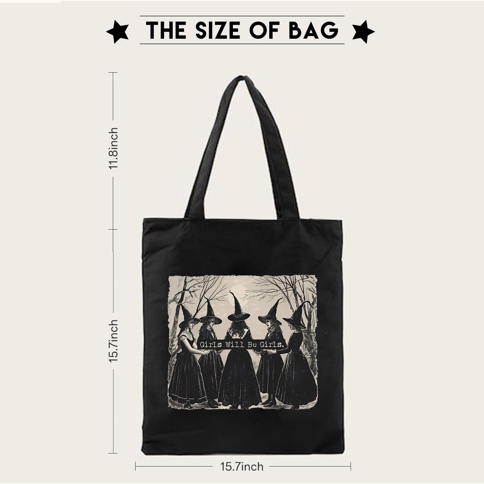 Kimoli Aesthetic Witchy Canvas Tote Bag for Women Funny Witchy Gifts for Women Cute Girls Will Be Girls Canvas Bag Spooky Reusable Beach Shoulder Grocery Casual Bag for Work Travel, Black