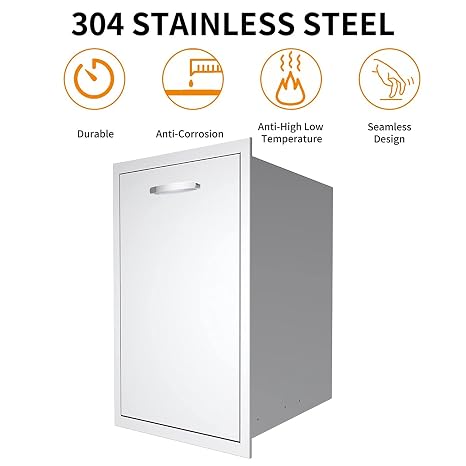 Built-in Single Trash Drawer Pull-Out Tray Stainless Steel Trash Drawer with Handle Storage Trash Bin for Outdoor Kitchen BBQ Island Grill Station (14 W x 27 H x 20 D)