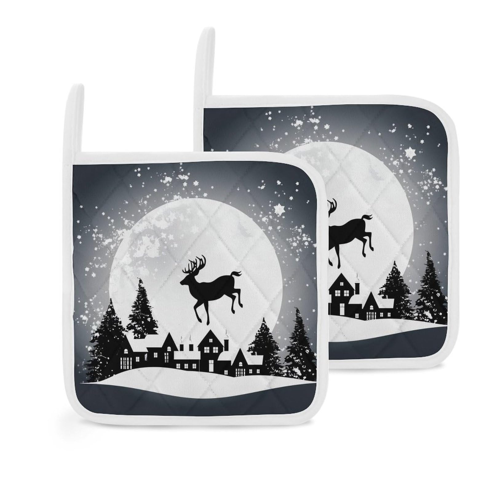 Pot Holders Set of 2 Kitchen Heat Resistant Potholders Christmas Deer Santa Claus Silhouette Cotton Lining Oven Hot Pads for Cooking Baking BBQ Microwave Kitchen Accessories