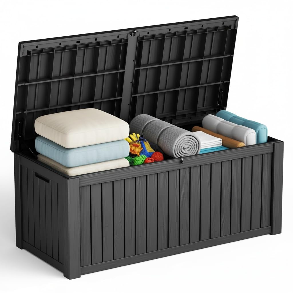 150 Gallon Resin Deck Box with Lockable Lid - Outdoor Waterproof Storage for Patio Furniture, Garden Tools, Cushions &amp; Pool Accessories, Wood Grain Design, Easy Assembly